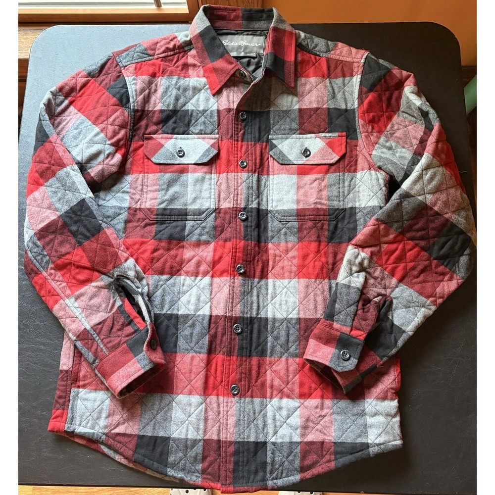 Eddie Bauer Mens Small Quilted Flannel Shirt Jacket Buffalo Plaid Red Black Gry